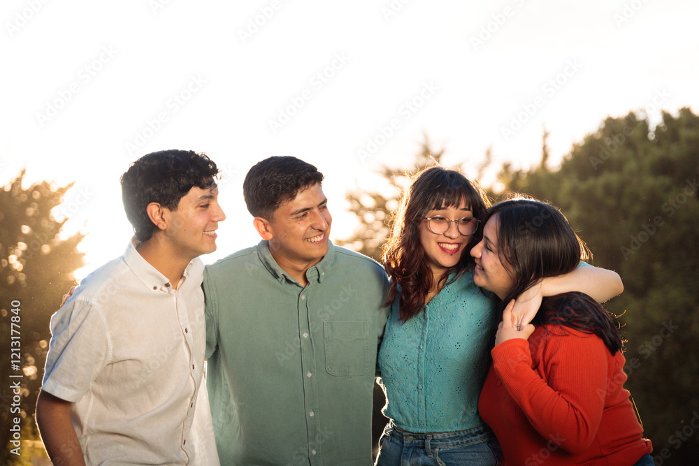 Four joyful friends walking side by side in a green park