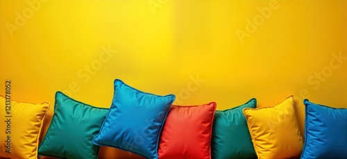 Colorful cushions arranged against vibrant yellow background. Interior decor design with various colors like blue red green purple orange. Cushions represent comfort, coziness. Modern home decor photo