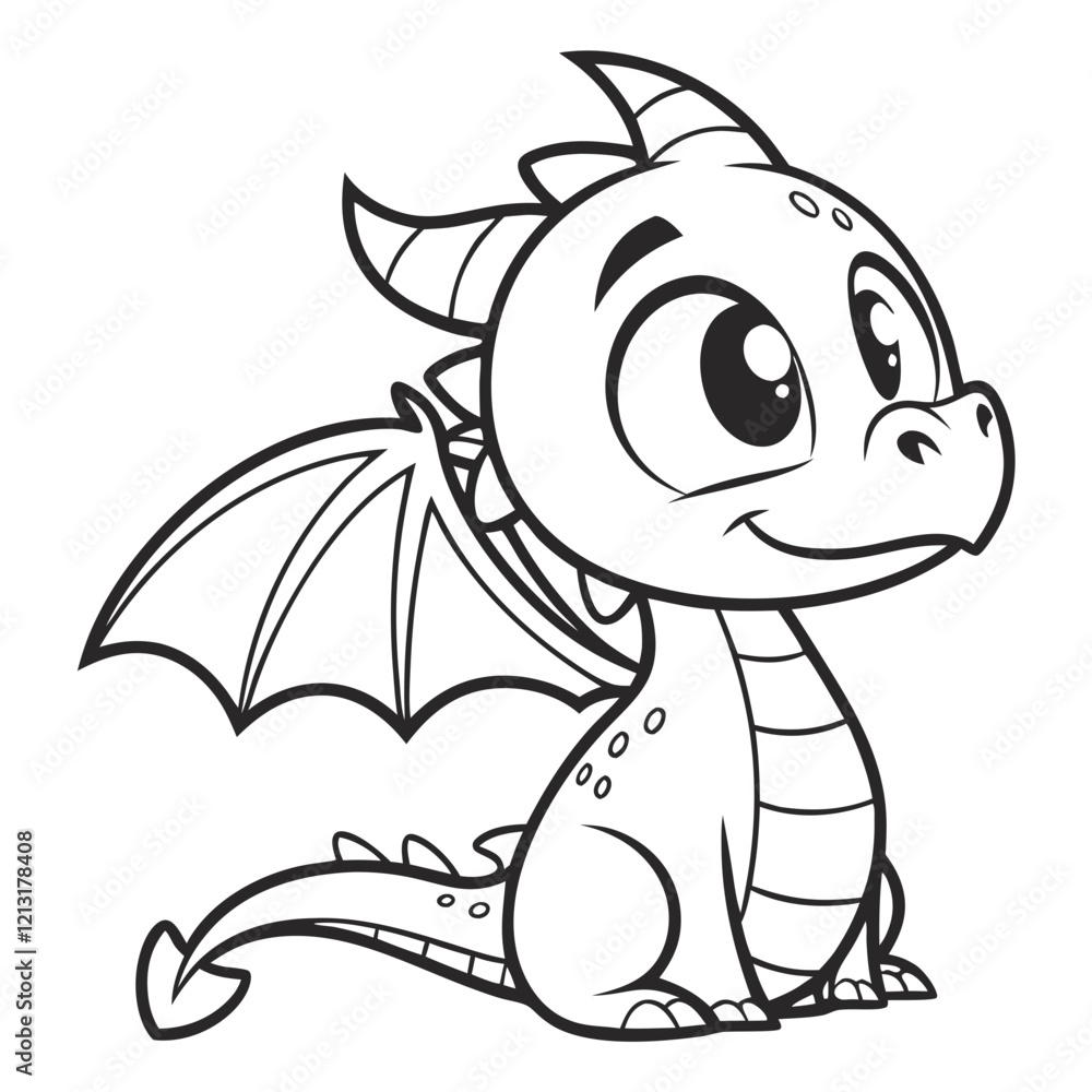 Obraz premium Cute dragon sitting, black outline, monochrome vector.