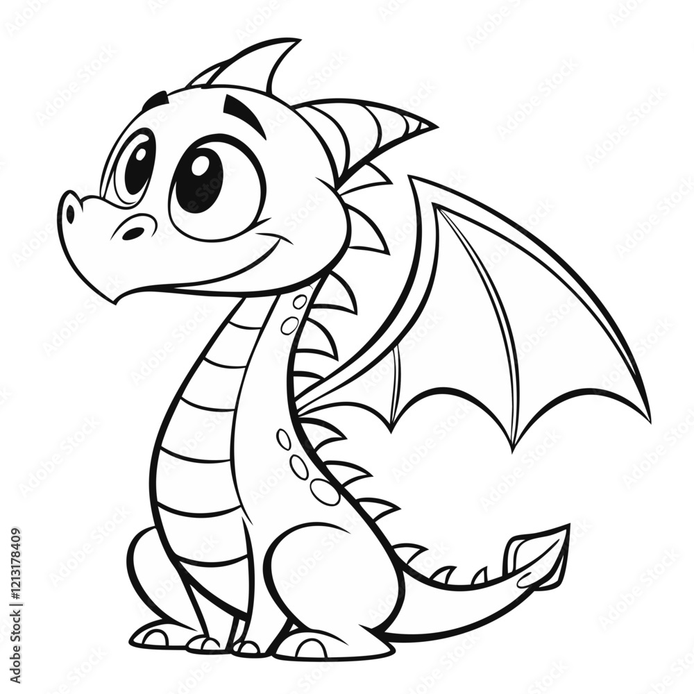Naklejka premium Cute dragon sitting, black outline, monochrome vector.