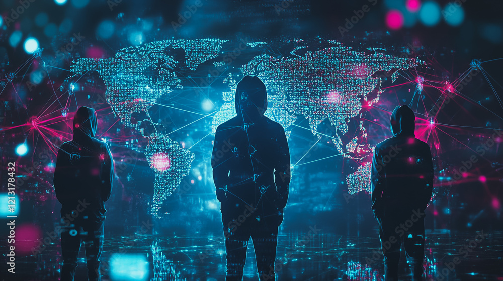 Obraz premium Hacker are planning to hack and attack networks and cyber security systems.team people innovation connection of line from nail node to node on map background , networking concept