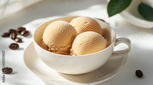 Creamy vanilla ice cream scoops in a stylish bowl with coffee beans and greenery backdrop photo