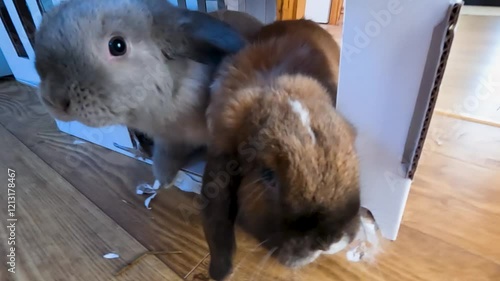 Two cute lop eared rabbits, best friends. Indoor free roam rabbits. Happy baby bunnies. 