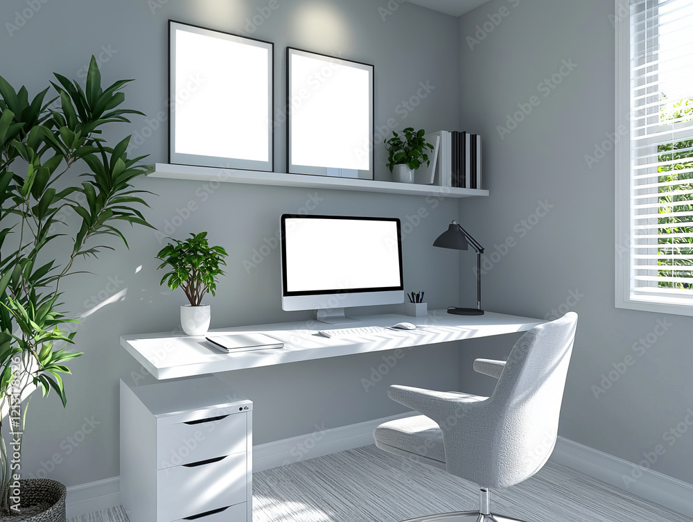 Fototapeta premium Minimalist home office with a white desk and simple decor