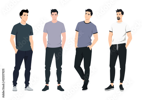 Vector illustration. Group of four men in modern casual style. Each is dressed in simple yet stylish clothing using neutral colors of black, white and shades of grey.
