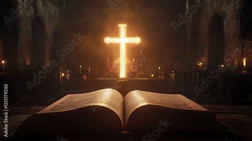 Glowing cross shining down on the open pages of the Bible in a dim church setting
