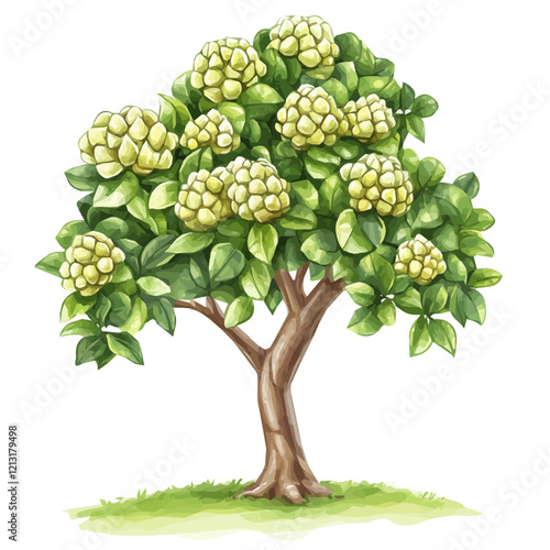 Custard Apple Tree with Fruit | Lush Watercolor Botanical Artwork.  
