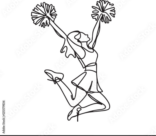 Cheerleader Jumping with Pom-Poms – Vector Line Art for Digital Designs