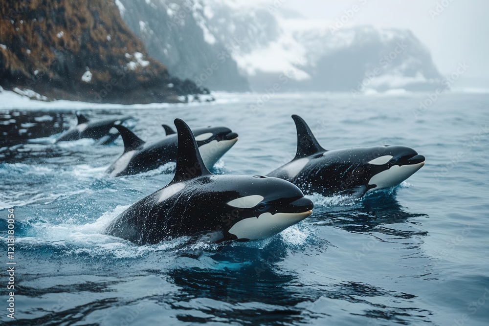 Obraz premium majestic pod of orcas known as killer whales swimming gracefully together in the vast deep blue ocean showcasing their power and beauty as they navigate through the water hunting for prey