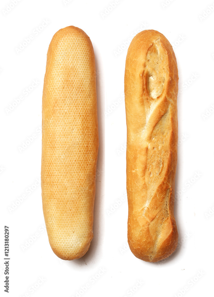 two halves of baguette on white background two halves of baguette on white background