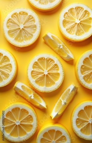 Bright yellow background shows many lemon slices. Circular slices, segments of lemon arranged in pattern. Vibrant yellow color, detail of fruit make look fresh, healthy. Seamless pattern creates photo