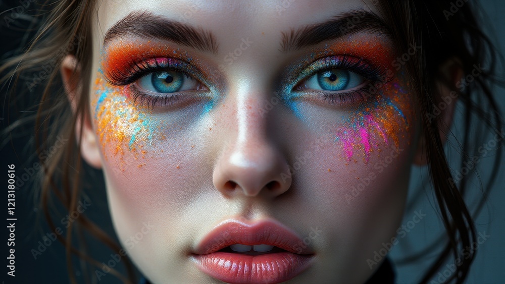 Fototapeta premium Creative experimental makeup featuring vibrant rainbow streaks and blue highlights on a woman, redefining fashion.