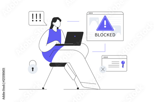 Blocking, banned user account on social media. Error, access is denied. Account safety and secure. Flat Cartoon Vector Illustration, icon. Stylish abstract 