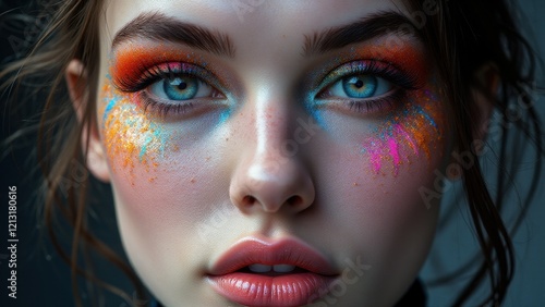 Creative experimental makeup featuring vibrant rainbow streaks and blue highlights on a woman, redefining fashion. photo