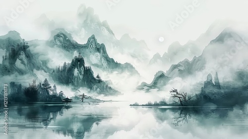 traditional chinese ink and wash landscape, minimalistic. photo