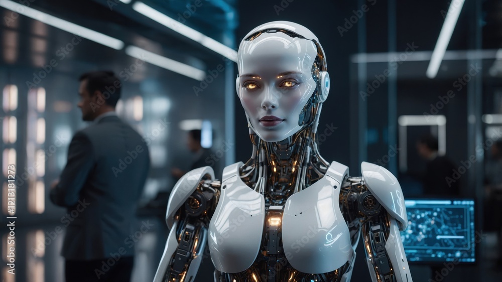 Humanoid female robot engaging in advanced technology demonstration in a modern laboratory environment during evening hours Humanoid female robot engaging in advanced technology demonstration in a modern laboratory environment during evening hours