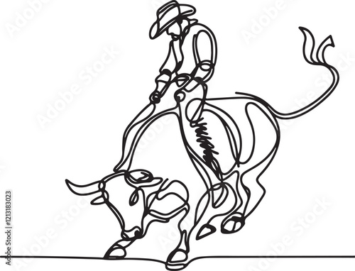 Epic Rodeo Moment. Line Drawing of Rider and Bucking Bull in Vector
