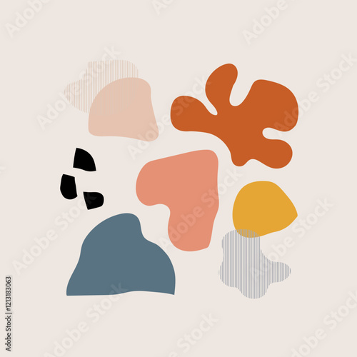 Abstract composition of geometric shapes in pastel colors. Soft shapes such as circles, trapezoids and arcs are used. The main colors are gray, pink, yellow, blue.