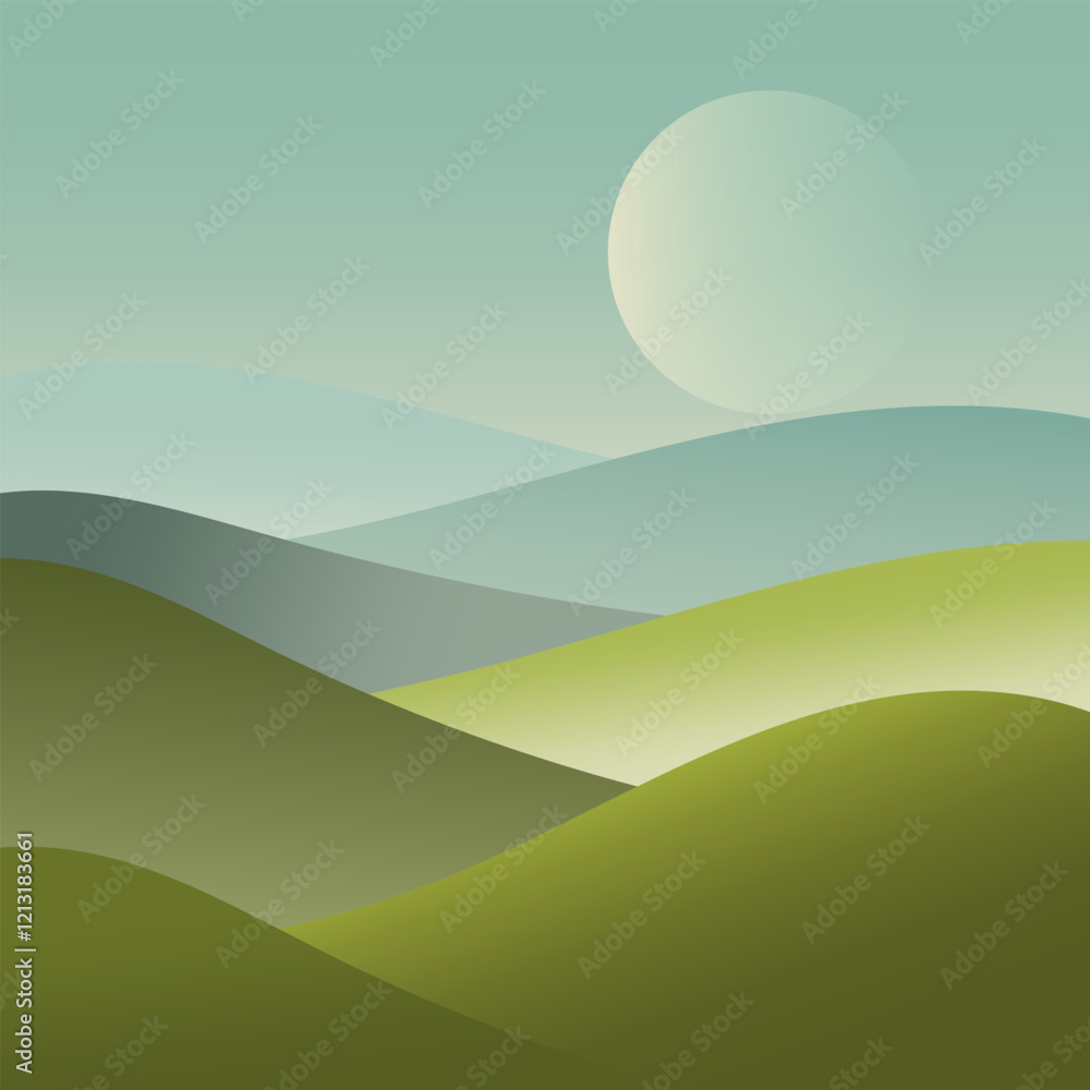 Obraz premium Vector illustration. Landscape with green hills under bright blue sky. Minimalist style with an emphasis on natural harmony.