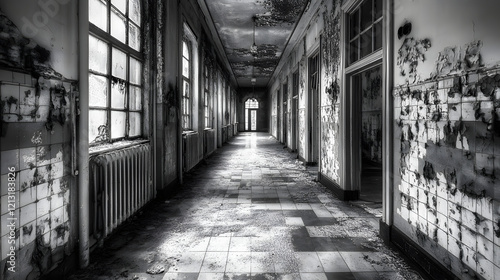 An old abandoned mansion with ivy creeping up its stone walls. The windows are shattered, and an eerie light flickers in the upper floors, although no one is there.