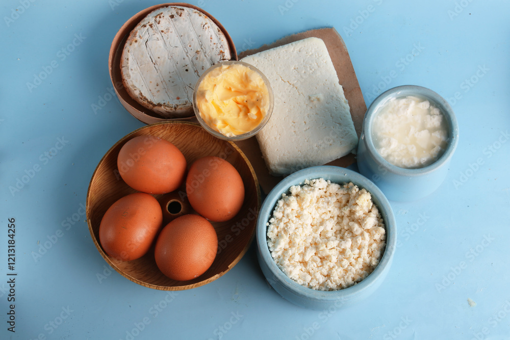 set of dairy products on a blue background set of dairy products on a blue background