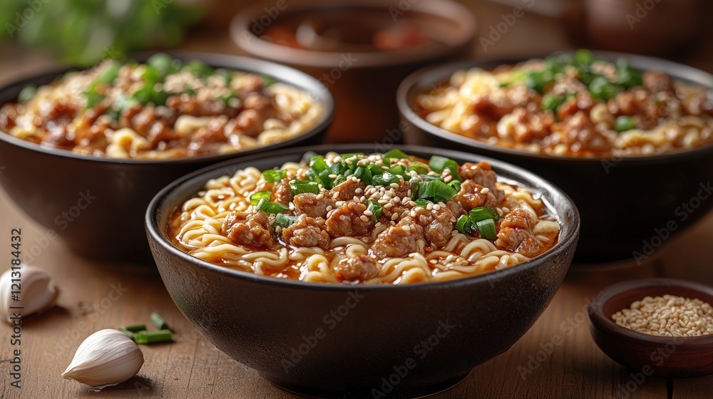 Spicy minced pork noodle bowls, wooden table, Asian cuisine, food photography Spicy minced pork noodle bowls, wooden table, Asian cuisine, food photography