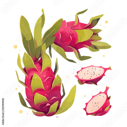 Dragon Fruit Tree with Ripe Fruit | Exotic Watercolor Botanical Illustration.  
