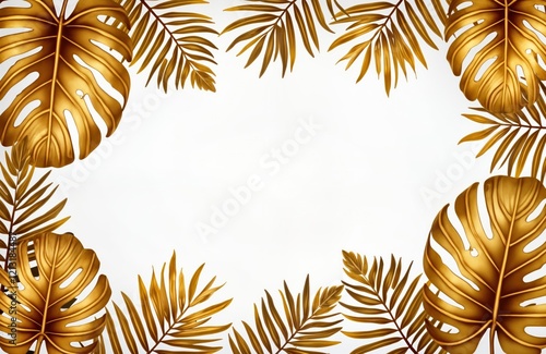 Golden tropical leaves create decorative frame. Tropical foliage like monstera, palm leaves arranged artistically on white background. Design perfect for various uses. Modern, elegant aesthetic. photo