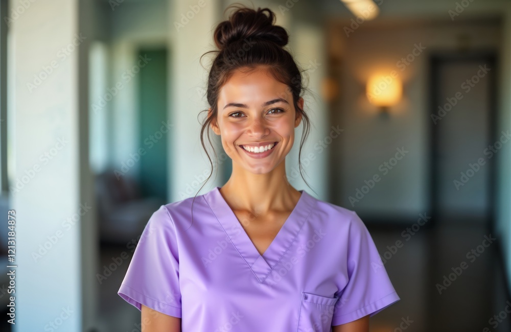 Hispanic female nurse in light purple scrubs smiles confidently. Professional healthcare worker stands in hospital clinic interior. Dedicated, happy medical pro. Positive, caring attitude. Modern Hispanic female nurse in light purple scrubs smiles confidently. Professional healthcare worker stands in hospital clinic interior. Dedicated, happy medical pro. Positive, caring attitude. Modern