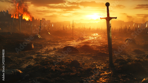 A battlefield at dawn with a few remaining swords and shields scattered across the ground. The rising sun casts long shadows over the scene, a silent tribute to the warriors who once fought here.