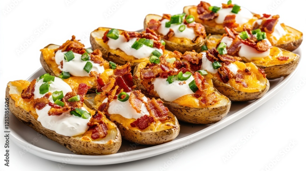 A platter of loaded potato skins with melted cheddar cheese, crispy bacon bits, green onions A platter of loaded potato skins with melted cheddar cheese, crispy bacon bits, green onions