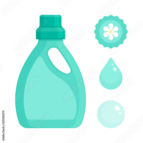 Set of teal soap and fabric softener bottle with water drop, bubble, flower icons. Laundry, cleaning, and hygiene product concept. Flat vector illustration isolated on white background with copy space