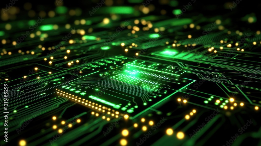 Glowing green circuit board with central processor. Glowing green circuit board with central processor.
