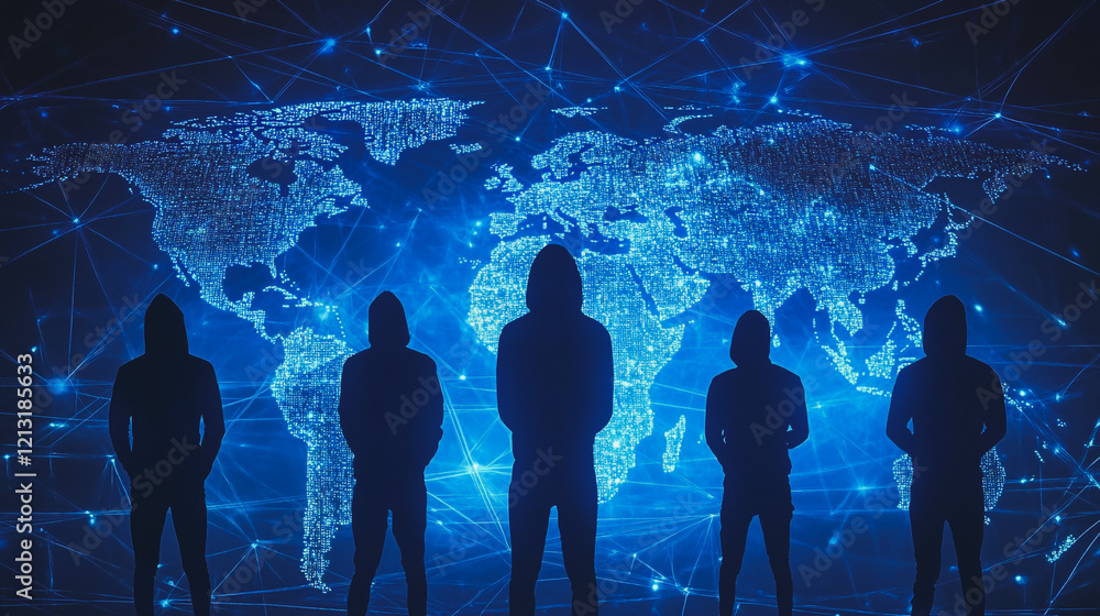 Obraz premium Hacker are planning to hack and attack networks and cyber security systems.team people innovation connection of line from nail node to node on map background , networking concept