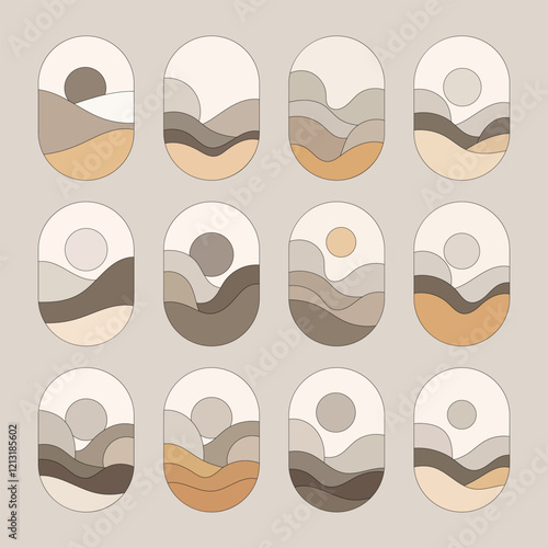 Vector illustration. Multiple oval landscapes with desert motifs. The main shades are warm and neutral, creating a calm design with a hint of nature.