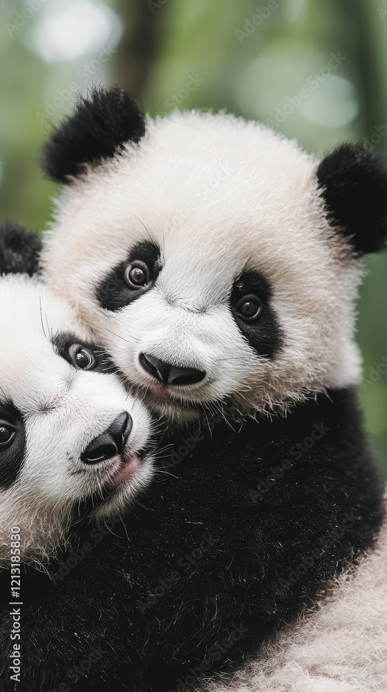 Fototapeta premium A pandas in a bamboo forest, conveying feelings of gentleness and calm.