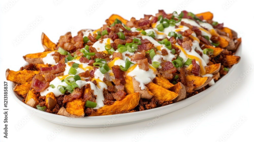 A platter of loaded sweet potato fries topped with melted cheese, crispy bacon bits, green onions A platter of loaded sweet potato fries topped with melted cheese, crispy bacon bits, green onions