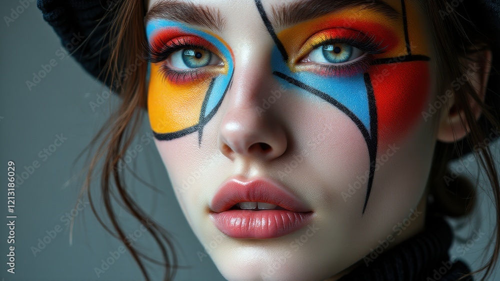 Bold and colorful experimental makeup with geometric elements, vibrant artistic expression close-up. Bold and colorful experimental makeup with geometric elements, vibrant artistic expression close-up.