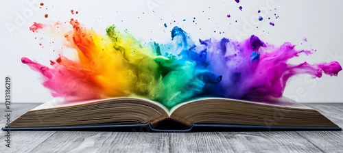 Open Book with a Vibrant Explosion of Colorful Paint, Imaginarium, Creative Reading Concept photo