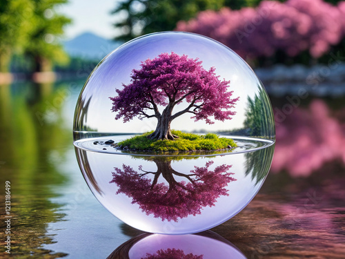 A hyperdetailed image of a glass sphere, inside of which is a tranquil lake, in whose center is a small island on which grows a lone, bare snaggled tree-- generated by ai photo