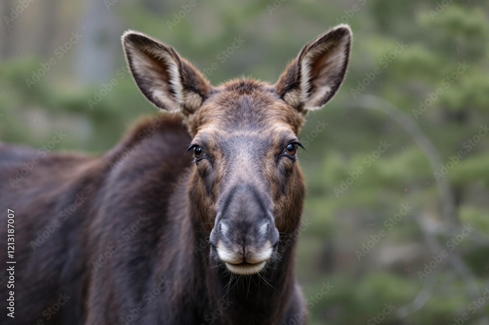 Portrait of ypung moose (alces alces) looking at camera against naturla environment blurred background Portrait of ypung moose (alces alces) looking at camera against naturla environment blurred background