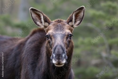 Portrait of ypung moose (alces alces) looking at camera against naturla environment blurred background photo