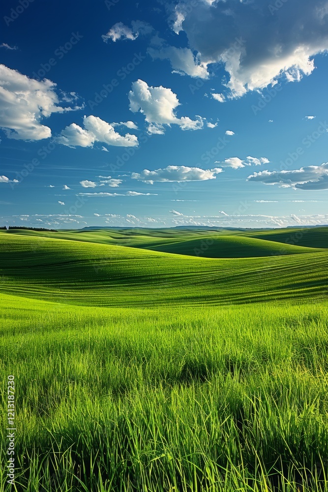 Obraz premium Tranquil and Picturesque Rolling Hills Beneath a Bright and Sunny Sky Filled with Fluffy White Clouds