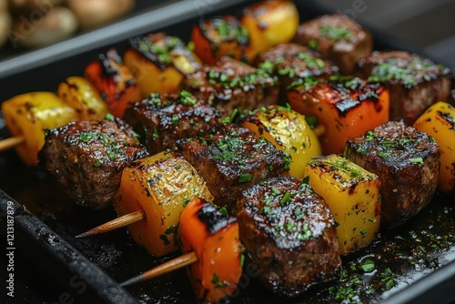 mediterranean vegetable kebabs with colorful bell peppers zucchini and mushrooms grilled to perfection with visible char marks and herbs photo