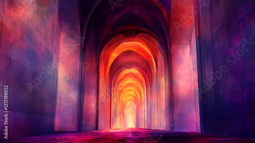 Crimson & violet cathedral: a mystical digital painting of an ancient cathedral, flooded with ethereal crimson and violet light pouring from arched entryways. Mystic Arch. Illustration