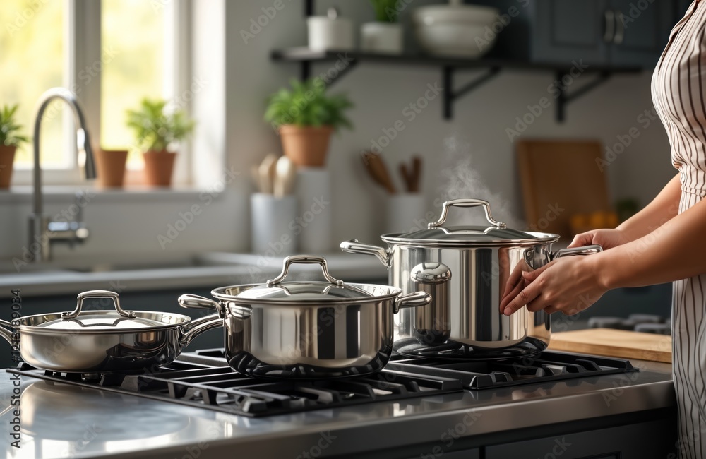 Person cooks with classic pots, pans on stainless steel kitchen countertop. Food preparation in modern kitchen. Culinary scene shows person using kitchen utensils. Domestic lifestyle. Cooking meal. Person cooks with classic pots, pans on stainless steel kitchen countertop. Food preparation in modern kitchen. Culinary scene shows person using kitchen utensils. Domestic lifestyle. Cooking meal.