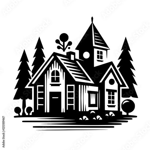 Black and white illustration of a charming house nestled in a lush forest setting. This graphic design is perfect for real estate, home decor, or architectural projects.