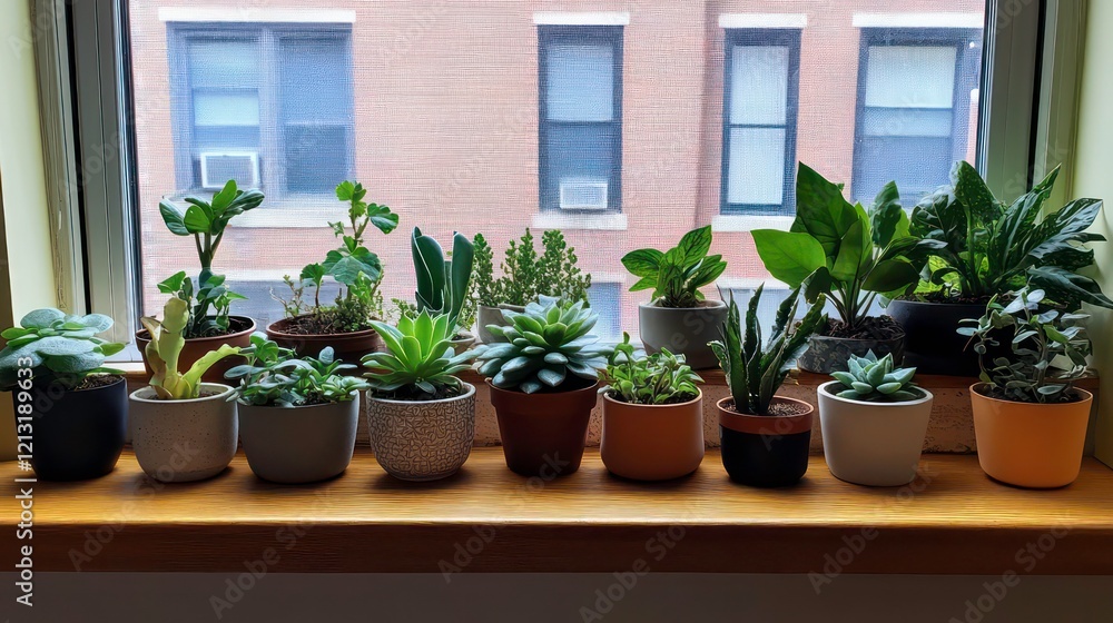 A collection of potted succulents and houseplants on a windowsill, overlooking a city building. A collection of potted succulents and houseplants on a windowsill, overlooking a city building.