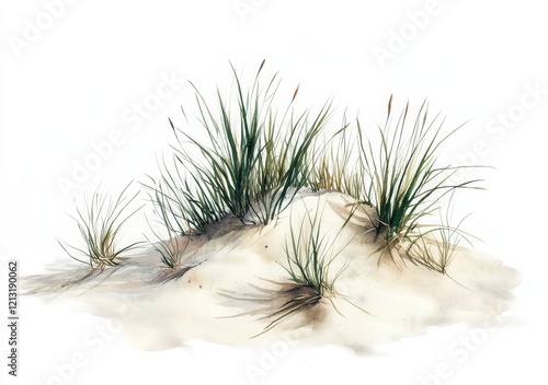 Watercolor drawing of a beach, coastal dune, and sea grass against the sea, with blank space for text, isolated on white photo