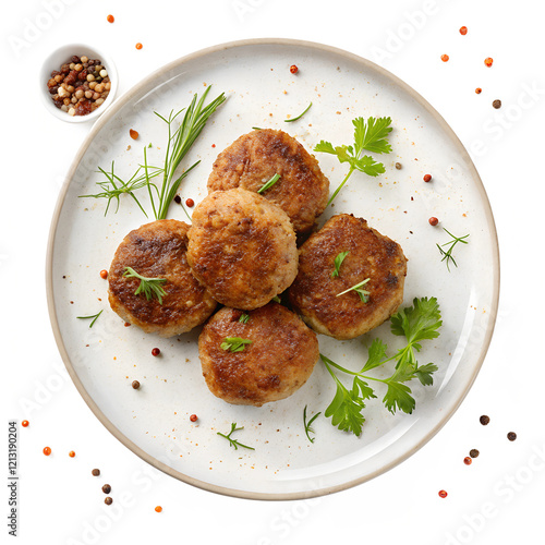 Plate with Meat Cutlets Isolated on White Background photo